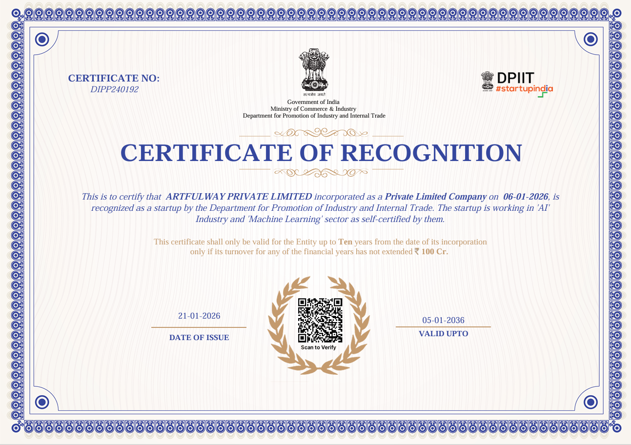 DPIIT Certificate of Recognition for ArtfulWay Private Limited